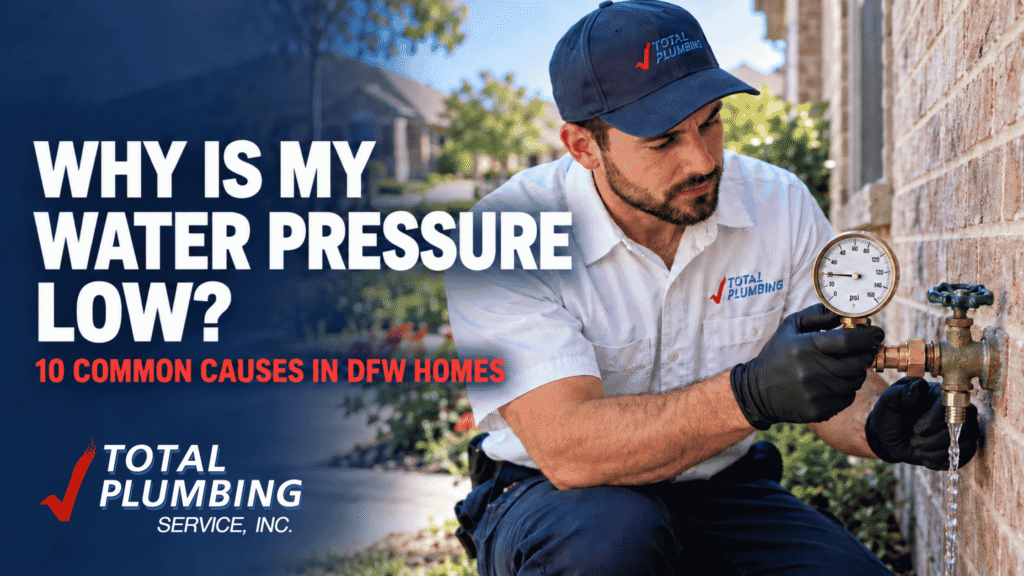 Why Is My Water Pressure Low? 10 Common Causes in DFW Homes 1 Total Plumbing Service Inc technician checking for low water pressure
